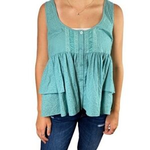 Free People Mint Crochet Button-Front Blouse Women's Size M